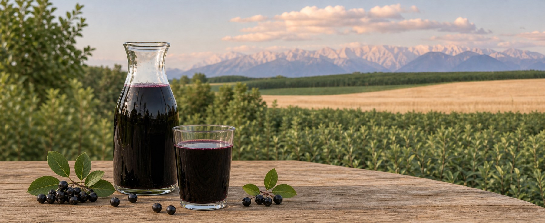 Aronia-Markenmotiv mit Saft, Beeren und gestalteter Voralpenlandschaft